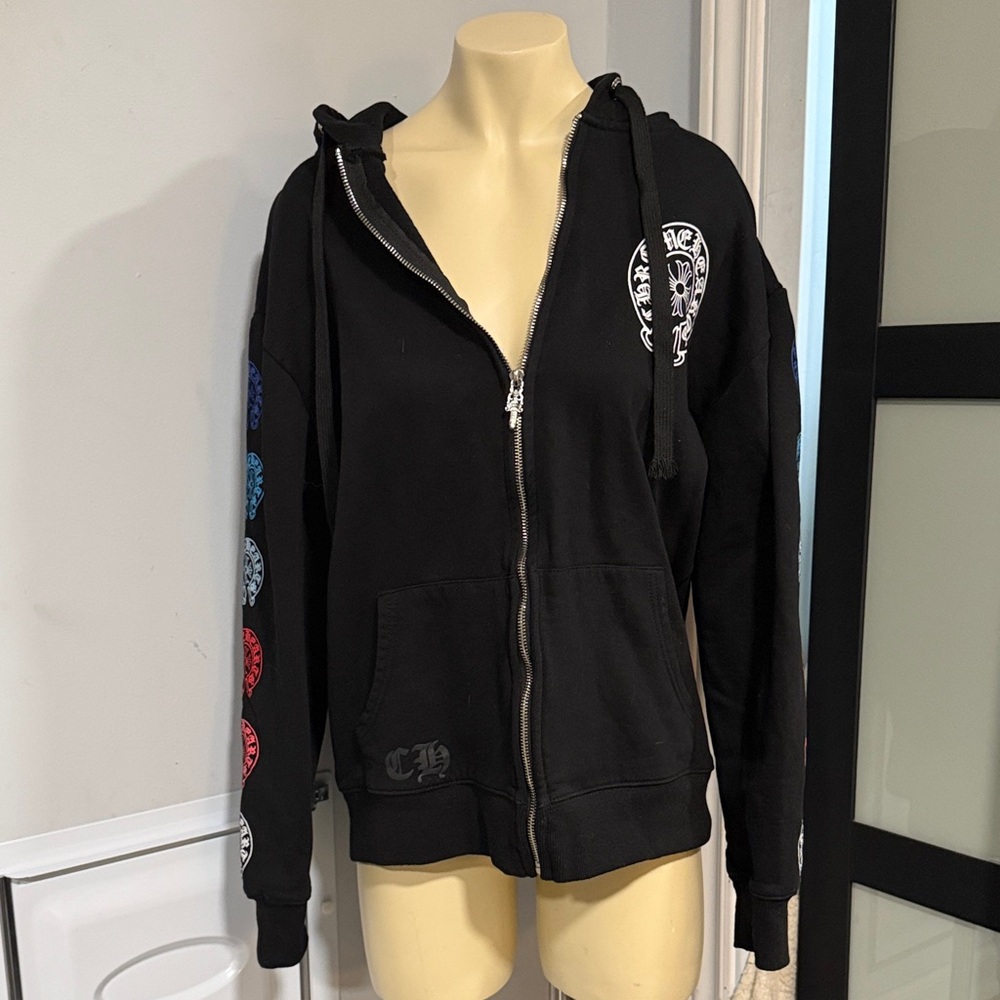 Chrome Hearts Black Zip-Up Sweater with Colorful Sleeve Details